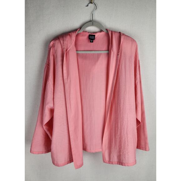 Eileen Fisher Womens XL Pink/Salmon Silk Cardigan shoulder pads Hood Athleisure - Picture 4 of 12